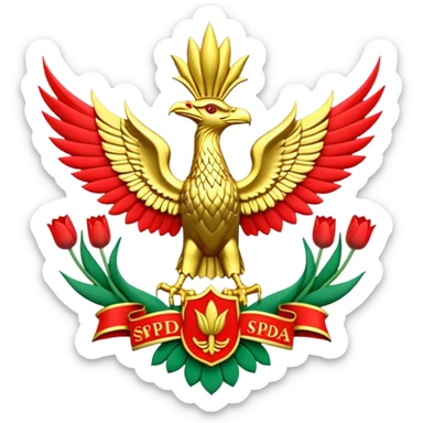 Sebuah logo 3D dengan tulisan nama SPD, bagian tengah lingkaran terdapat lambang burung garuda lengkap padi dan kapas, warna emas perak mengkilap dan bercahaya, latar belakang merah putih dan terang, tulisan profesional, berkualitas tinggi, timbul dan fituristik, HD 16K sticker