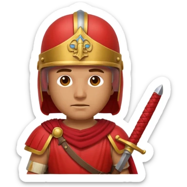 An emoji portrait of a Roman legionary soldier. He wears a helmet and a red tunic. His expression is stern and focused. He holds a short sword. sticker