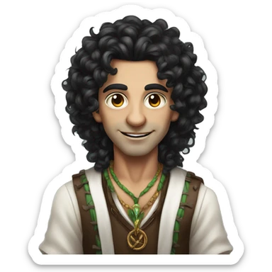 a modern witchdoctor male elf long black curly hair, sticker