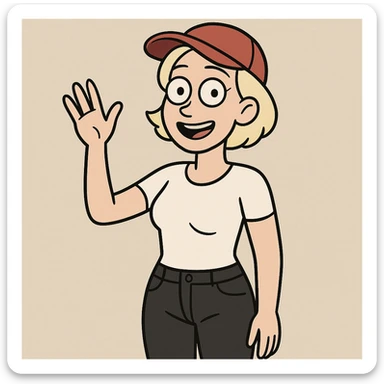 A woman Very Light Blonde short hair Red Ultimate panel Cap white top black jeans a hand say hello sticker
