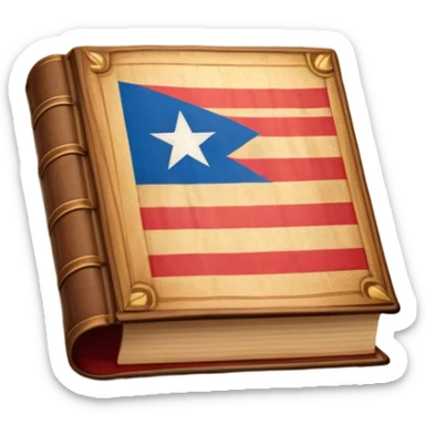 Ancient book with Puerto Rican flag on leather cover, theater curtain symbol carved in wood, warm vintage parchment textures, soft golden glow representing timelessness and theatrical heritage sticker
