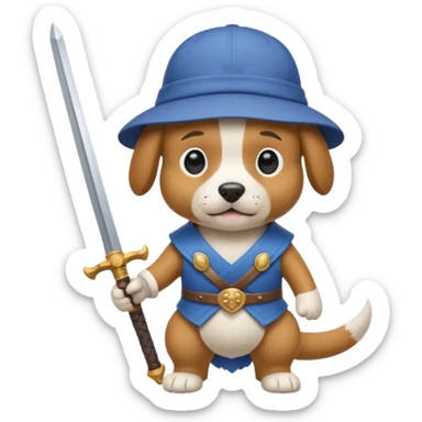 dog wearing a backwards hat and holding an epic sword sticker