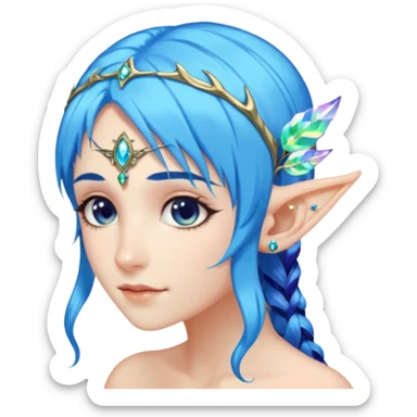 portrait of blue haired Elvish fae shiny sparkly iridescent translucent diaphanous ear climber ear cuff sticker