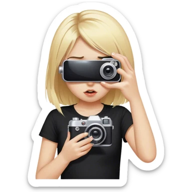 A blonde girl in a black tahirt taking pics on a baby punk camera that is cover her eyes sticker