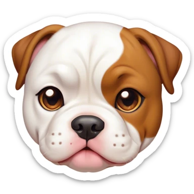 Cinematic Cute White and Brown American Bulldog Portrait Emoji, Head tilted playfully and inquisitively, soft white fur with rich brown patches, round, sparkling brown eyes filled with curiosity, Simplified yet irresistibly adorable features, highly detailed, glowing with a warm, friendly glow, high shine, affectionate and lively, stylized with a touch of whimsy, bright and endearing, soft glowing outline, capturing the essence of a mischievous yet loving pup, so playful it feels like it could bound out of the screen and into your arms! sticker