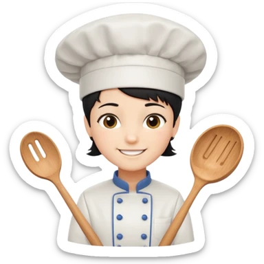 Short black hair, happy, wearing chef uniform and chef hat sticker