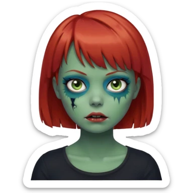 Zombie girl emoji with short red hair and bangs. Blue eyes, green skin, and a black top. sticker