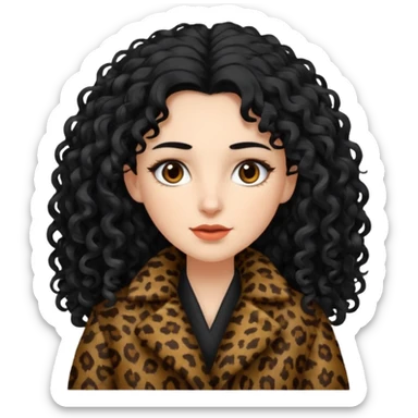 Does a white woman, long curly black hair, dark brown eyes wearing an animal hair coat sticker