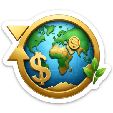 An icon featuring  a dollar sign, and a chart with upward trends, symbolizing economics. The design includes coins, bills, and earth e, representing global trade and financial systems. Transparent background highlights the study of markets, supply, and demand. sticker