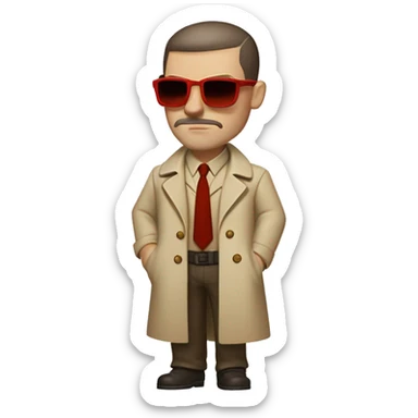 1930s investigator, a Caucasian man with short, buzz cut dark hair and a rough beard, wears tiny red-tinted sunglasses and a dirty beige trench lab coat. He has a serious demeanor. sticker