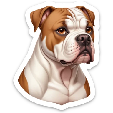Cinematic Noble Solid Tan American Bulldog Portrait Emoji, Poised and regal, with a strong, muscular build and a sleek, well-groomed solid tan coat, deep-set soulful brown eyes, Simplified yet sharp and sophisticated features, highly detailed, glowing with a soft, dignified glow, high shine, intelligent and loyal, stylized with an air of strength, focused and attentive, soft glowing outline, capturing the essence of a watchful and confident guardian, so majestic it feels as though it could step out of the screen with effortless authority! sticker