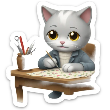 sweet grey white cat doing needlework sticker