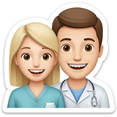 a young adult couple, excited and ready for a dental checkup sticker