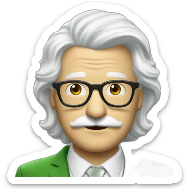 meester frank visser white hair, white mustache and glasses. Nice green suite sticker