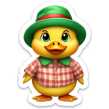 cute fluffy chubby baby duck with hand and wear green hat and red checkered shirt sticker