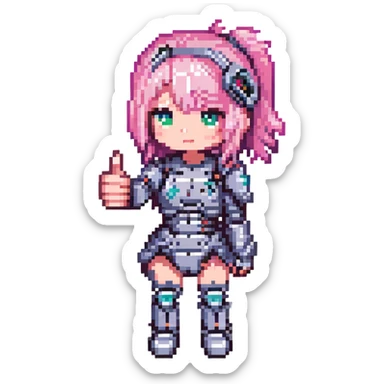 cyborg girl with pink hair giving a thumbs up, pixel art style, chibi proportions sticker