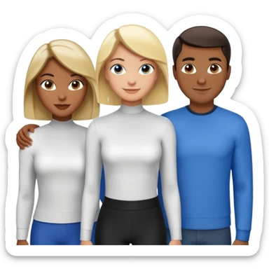 3 Friends standing side by side, charlie's angels style: 1 black woman with a short flat pressed bob, 1 hispanic man with a thin nose and long hair, and 1 white guy with blue eyes and a short brown-blonde haircut sticker