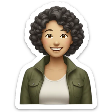 Laughing Asian woman with curly hair outside sticker