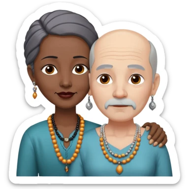 I want an old man with balding and grey beard grey hairs and a woman in her 40s with dark black hair parted in indian woman style wearing a beads chain passionate embrace sticker
