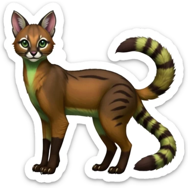 Colorful dark tropical dusky-hunter-green and dark-brownish glorious divine exotic cute cool beautiful shiny beautiful fantasy-caracal-civet-genet-sergal-vernid-Cacomistle-oncilla-animal-Fakémon-hybrid-fursona (full body) sticker