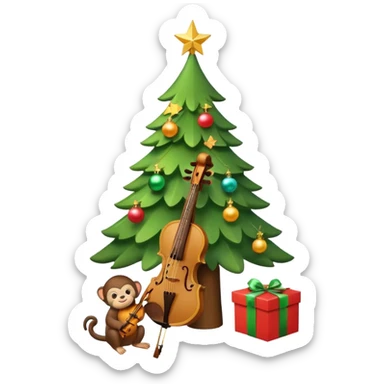 A cute, minimal emoji-style Christmas tree with a bright green triangular shape, decorated with a simple glowing light garland and round colorful baubles, a wooden violin replacing the trunk, and a small playful monkey sitting at the very top carefully placing a golden Christmas star sticker