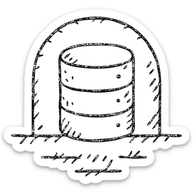 minimalist hand-drawn outlined icon of a database cylinder in a basement or underground setting, worn distressed effect sticker