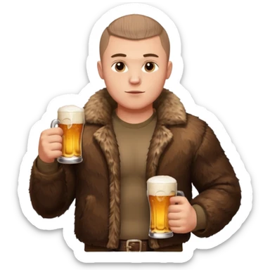„A strong Russian young man with a buzz cut, muscular build, wearing a bear fur coat, holding a beer in one hand, confident expression, snowy background, Slavic aesthetics sticker