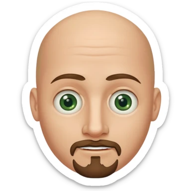white caucasian bald man's face, with brown goatee and dark green eyes, oval face, rounded, big, little eyes a small smile sticker