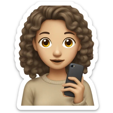 asian girl with long brown curly hair wearing beige pullover using phone sticker