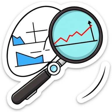 cartoon magnifying glass examining a negative trend chart sticker
