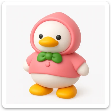 3D iOS style emoji of a duck wearing a pink hoodie with green buttons and yellow shoes sticker