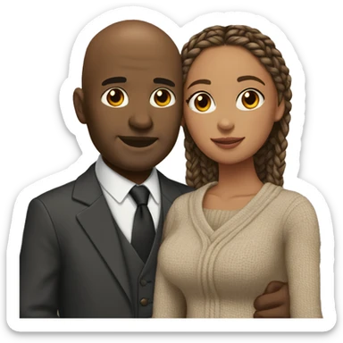 Black bald man in suit and tie hugging light brown woman with braids in sweater dress sticker