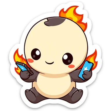 Adorable battle royale character celebrating a victory, with a smartphone showing Free Fire game, surrounded by small stars and flames sticker
