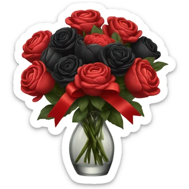 bouquet of black roses and red peonies tied with a red ribbon in a glass vase sticker