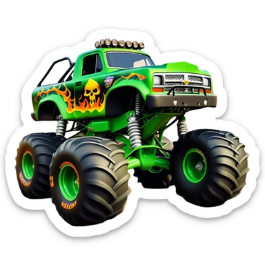 Grave Digger - Monster Jam (Model Year: 2022) (Iconic colour: Green with flames) - A legendary monster truck with a fearsome design: predominantly deep green with dynamic, vibrant flame graphics in bright orange and yellow. Highlight its rough, edgy bodywork and an aura of untamed rebellion. sticker