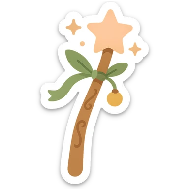 "A cute and magical wand with an elegant, whimsical design, incorporating a color palette of golden orange (FA9B41), forest green (4A7C5C), soft taupe brown (96775A), and pastel peach (FFCC9A). The wand is slender and slightly curved, made of smooth wood with delicate carvings. At the top, there's a glowing gem or star in peachy tones, surrounded by tiny sparkles. Decorative elements like a ribbon, tiny leaves, or a small charm add a cozy, storybook-like charm. The overall look is gentle, enchanting, and magical, perfect for a forest fairy or a kindhearted young wizard." sticker