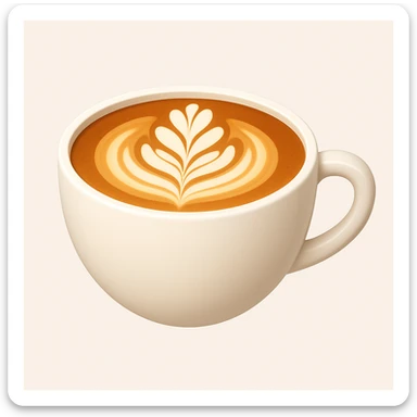 Create a cappuccino cup emoji exactly like the reference image but without the face. The cup should be white with latte art on top, smooth and shiny, in the style of iOS emojis. sticker