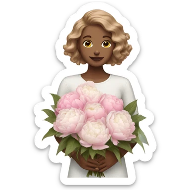 White brize with light brown hair with white and Pink peonies bouquet  sticker