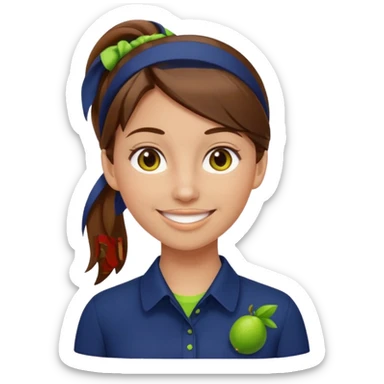 female with brown hair in ponytail, brown eyes, navy blue blouse with lime green Indie Services logo, emoji style, smiling sticker