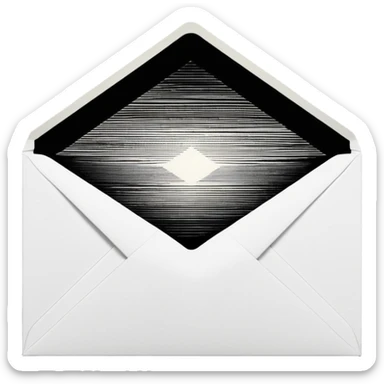 Open envelope + blank card, ink engraving, stipple + crosshatch ONLY (no smooth shading), pure black on pure white, high contrast, razor lines, chiaroscuro rays, tiny #fbcfe8 glow highlights --ar 16:9 --style raw --s 25 --no 3d render, gradient, soft shading, gray, shadow, text sticker