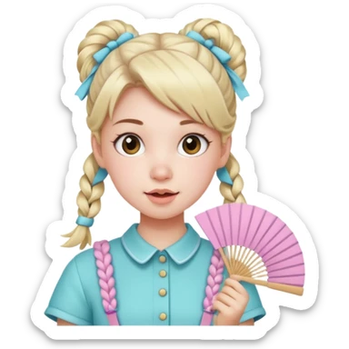 A pigtail girl in modern outfit using a pastel fan with playful expression. sticker