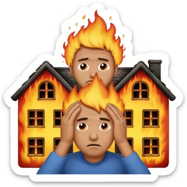 sad man standing with a house on fire behind him, man holding his head in despair, apple style emoji sticker