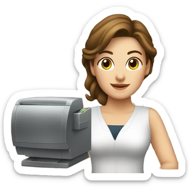 cashier (white female, brown hair, white gold earrings) in front of cash registry, apple-style sticker