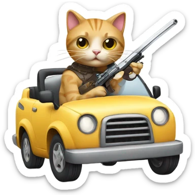 Cat with a gun and sword driving a car  sticker