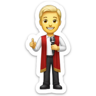 white light skin man person standing in a theater with red curtains standing on elevated stage holding a microphone smiling with light hair sticker