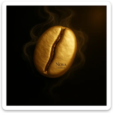 Refine the golden coffee bean to be even more detailed and realistic, maintaining a clean, minimalist, luxurious style. Add the text 'Nova Coffee' with a subtle, fine, elegant touch, not engraved or burned deeply, and do not split the bean. Place the text gently in the lower right area of the bean, visible but discreet, enhancing the premium feel. Retain the soft swirling mist and the black background with a soft golden glow in the corners, transparent edges, highest resolution. sticker
