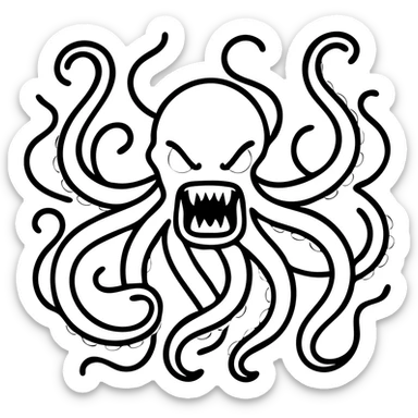 Add red details to the black fierce kraken, keep the background transparent, maintain the black outlined icon style with no fill. sticker