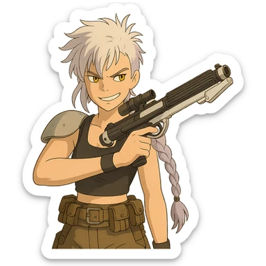 1 FEMALE, GOLD YELLOW EYES, WHITE HAIR LAVENDER TIPS, MESSY LOCKS BANGS MOHAWK, LONG BRAID, small black sports tank top, a single large light gray shoulder pad, tactical belt with many pouches, HOLDING A STORMTROOPER'S E11 BLASTER RIFLE, BRANDISHING, mischevious GLARE, style of star wars original character sticker