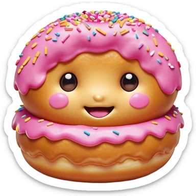 Cinematic tiny happy donut, round and fluffy, golden brown with pink icing and sprinkles, tiny adorable face with blushing cheeks, warm glowing background. sticker
