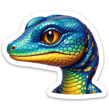 Cinematic Cute Monitor Lizard Portrait Emoji, Head tilted playfully and inquisitively, with a sleek, patterned body accented by vibrant hues and round, sparkling eyes full of wonder, Simplified yet irresistibly adorable features, highly detailed, glowing with a warm, friendly glow, high shine, affectionate and lively, stylized with a touch of exotic charm, bright and endearing, soft glowing outline, capturing the essence of a mischievous yet captivating lizard that seems as if it could scuttle out of the screen into your arms! sticker